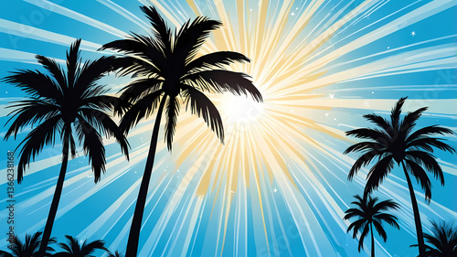 Palm Trees in Silhouette ,against a Striking Sunburst Background