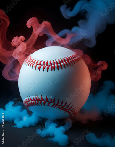 White baseball in orange and blue vape smoke on a black Generative AI 