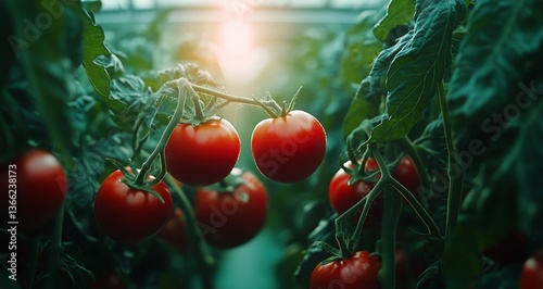 Fresh Red Tomatoes Growing in a Greenhouse During Golden Hour Light