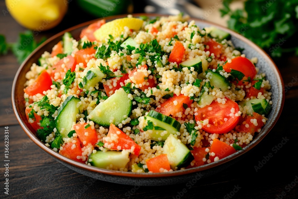 A vibrant couscous salad featuring chopped tomatoes, cucumbers, and herbs sits in a bowl, surrounded by fresh ingredients in a warm kitchen atmosphere A vibrant couscous salad featuring chopped tomatoes, cucumbers, and herbs sits in a bowl, surrounded by fresh ingredients in a warm kitchen atmosphere