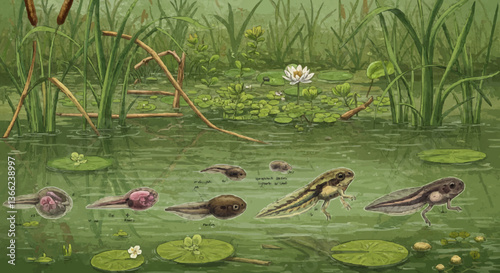 Spring awakening of tadpoles, Illustrated life stages of tadpoles in a lush pond environment