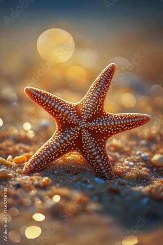 Starfish Resting on Sandy Beach With Glowing Bokeh Background During Sunset