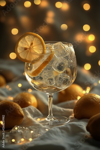 Refreshing Drink With Lemons Served in Elegant Glass Against a Vibrant, Blurr...