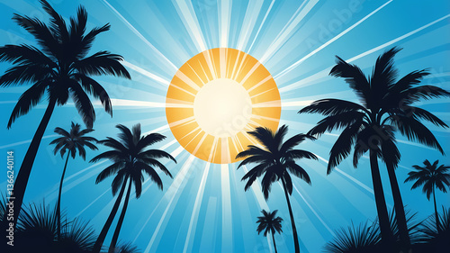 Palm Trees in Silhouette ,against a Striking Sunburst Background
