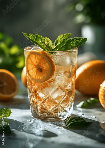 Refreshing Drink With Lemon and Mint Garnished in a Glass Outdoors