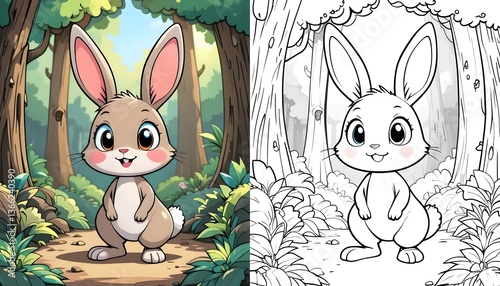 Cute bunny rabbit coloring page for kids easter spring forest animal drawing fun activity printable cartoon