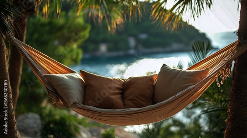 Hammock Relaxation by the Water Surrounded by Palm Trees at Sunset in a Coast...