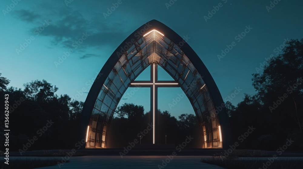 Fototapeta premium Futuristic steel-structured chapel with an arched cross silhouette soft glowing edges illuminating the night sky
