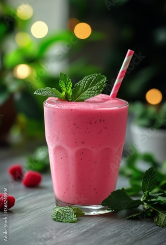 Refreshing Raspberry Smoothie Garnished With Mint Leaves on a Marble Table at...