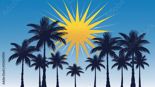 Palm Trees in Silhouette ,against a Striking Sunburst Background