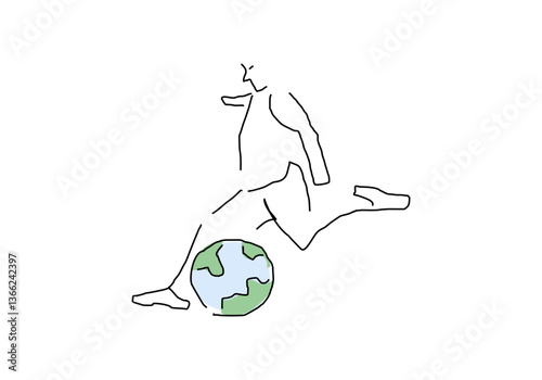 line art depicting a person kicking the Earth, symbolizing a warning about environmental destruction.