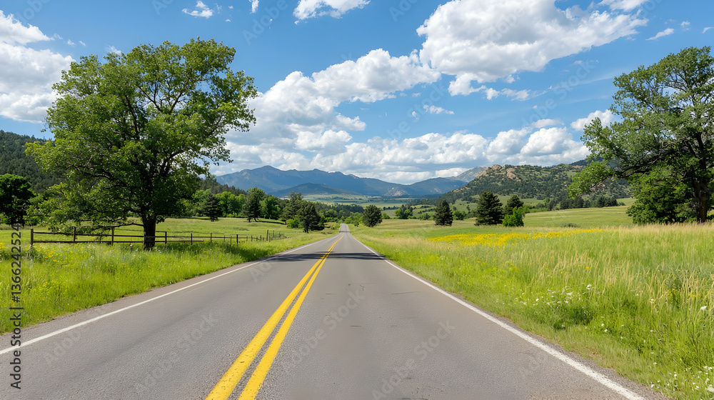 Fototapeta premium Straight Asphalt Road Through Lush Green Meadow with Yellow Center Lines Leading to Distant Mountains and Blue Sky