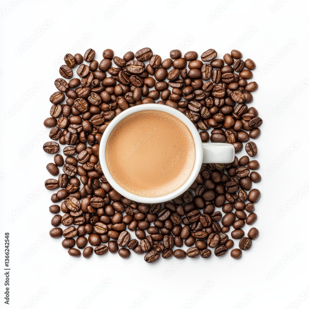 Obraz premium Coffee cup surrounded by fresh roasted coffee beans
