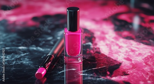 Vibrant Pink Nail Polish Beside a Brush on a Dark Marble Surface