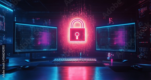 Secure Workspace With Multiple Monitors Illuminated in Vibrant Colors at Night