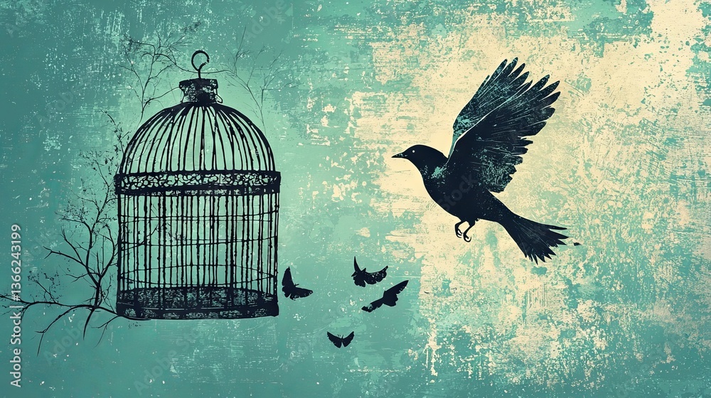 Fototapeta premium Artistic Representation of Bird Escaping from an Open Cage