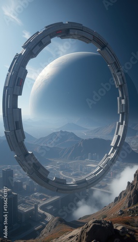 Futuristic portal structure above a cosmic landscape  