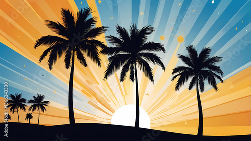Palm Trees in Silhouette ,against a Striking Sunburst Background