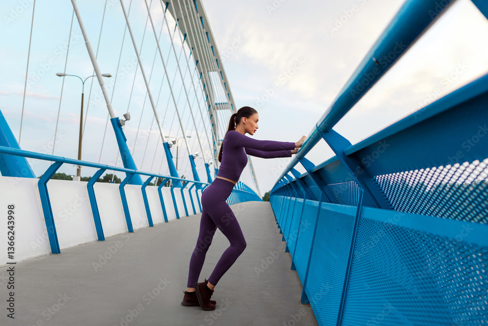 Full length shot of fit lady leaning on bridge railing, breathing and recovering after running, having workout in the evening outdoors Full length shot of fit lady leaning on bridge railing, breathing and recovering after running, having workout in the evening outdoors