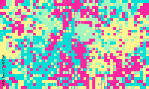 Vibrant pixel art background.  A playful, abstract mosaic of pastel pink, turquoise, and yellow squares. Ideal for websites, social media, or print projects needing a modern, energetic design.
