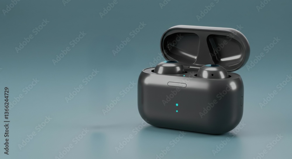 earphones inside charger case in the side, against clean background earphones inside charger case in the side, against clean background
