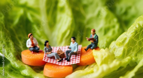 Miniature figures enjoy picnic on lettuce and carrot arrangement