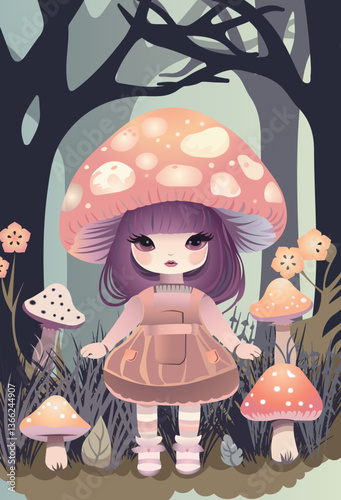 Cute girl with hat in the abstract print dress