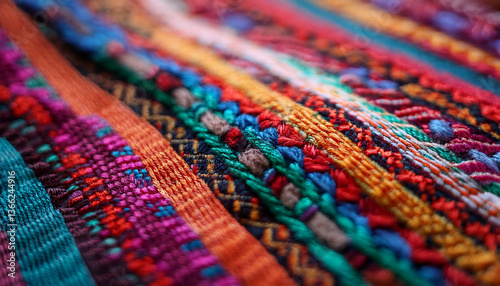 Colorful embroidered fabric, showcasing detailed stitching and bold geometric designs.