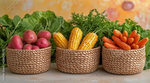 Freshly Harvested Vegetables in Decorative Woven Baskets With Colorful Backdrop