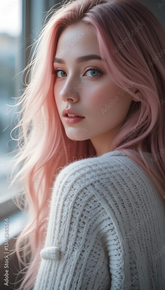 Fototapeta premium A close-up portrait of a woman with long, flowing pink hair, softly illuminated by natural light.