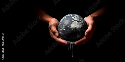 Duas mãos segurando o planeta terra enquanto ele escorre para o fim. Nosso planeta em colapso, acinzentado e devastado pela ação humana