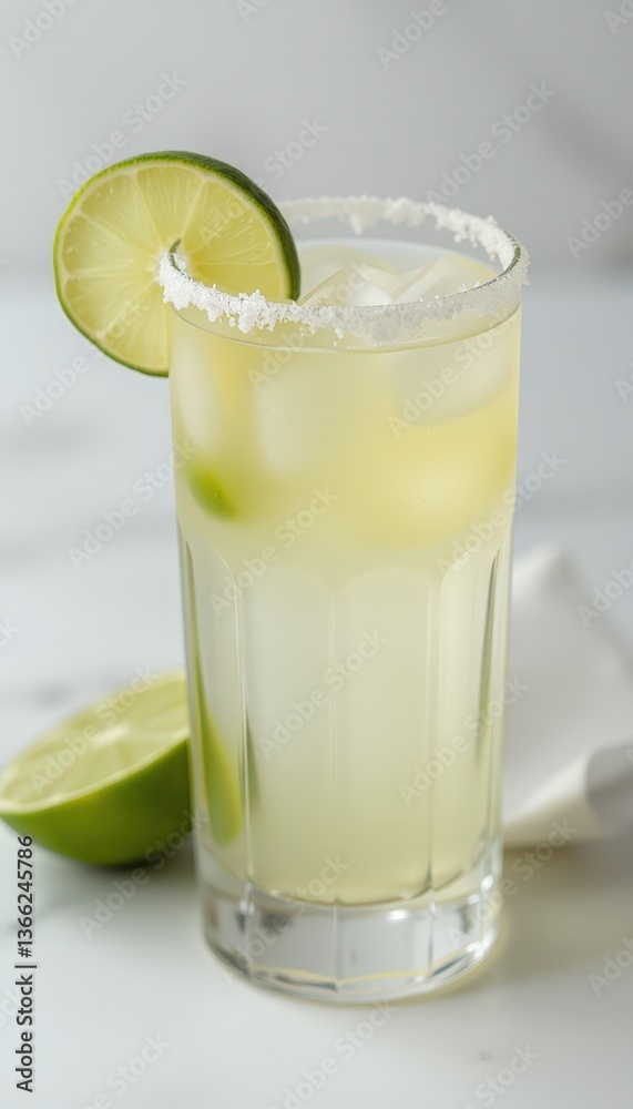Refreshing cocktail with lime garnish on a marble countertop Refreshing cocktail with lime garnish on a marble countertop