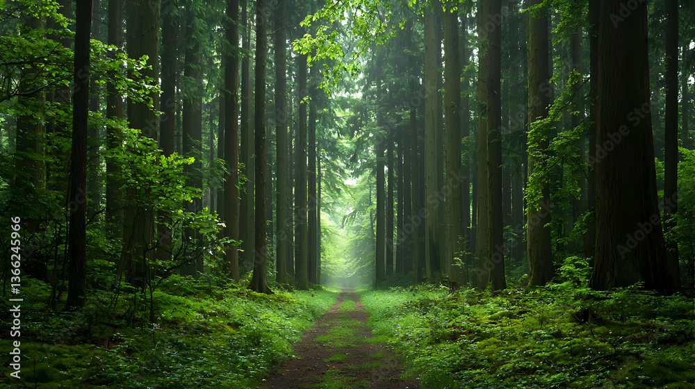 Obraz premium Peaceful Forest Path With Lush Green Trees