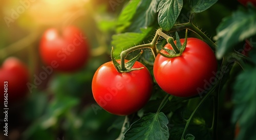 Ripe Tomatoes Hanging on Vines in a Sunlit Garden During Summer
