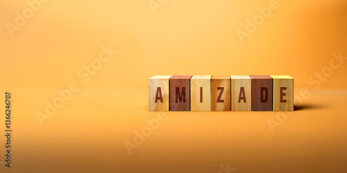 Conjunto de blocos alfabéticos de madeira em tons diferentes com texto: amizade. Blocos com letras de brinquedo em fundo amarelo