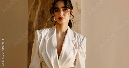 Fashion model showcases elegant outfit in a luxurious indoor setting during a high-end photoshoot