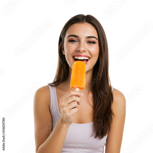 A smiling young woman enjoys the sweet, fruity flavor of an orange popsicle on a hot summer day.
