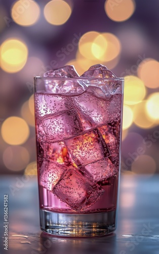 Refreshing Pink Beverage With Ice Cubes on a Vibrant Evening Background