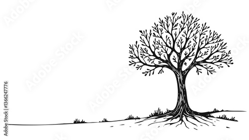 Alone tree silhouette design. Roots branches reach sky. Nature icon logo symbol. Minimalist sketch white background vector illustration