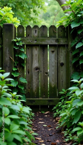 Damp wooden fence surrounded by overgrown vegetation, overgrowth, damp, outdoors