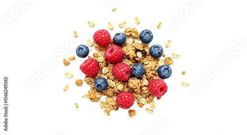 top view isolated granola with raspberries and blueberries png transperent or on white background