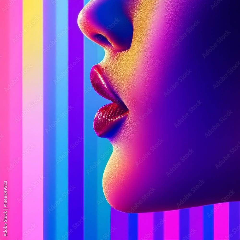 Vibrant profile of a woman with bold lips against a colorful striped background Vibrant profile of a woman with bold lips against a colorful striped background