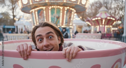 Excited young caucasian male enjoying a teacup ride at amusement park