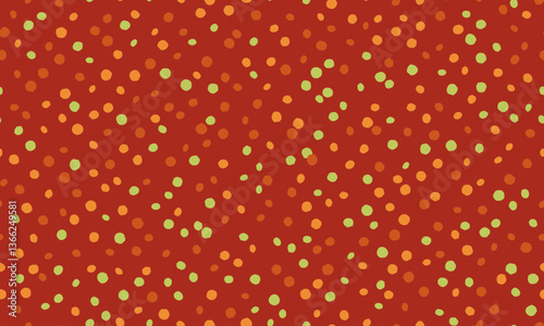 Vibrant red background adorned with scattered orange and green dots.  A playful, festive pattern perfect for holiday designs, textiles, or website backgrounds.