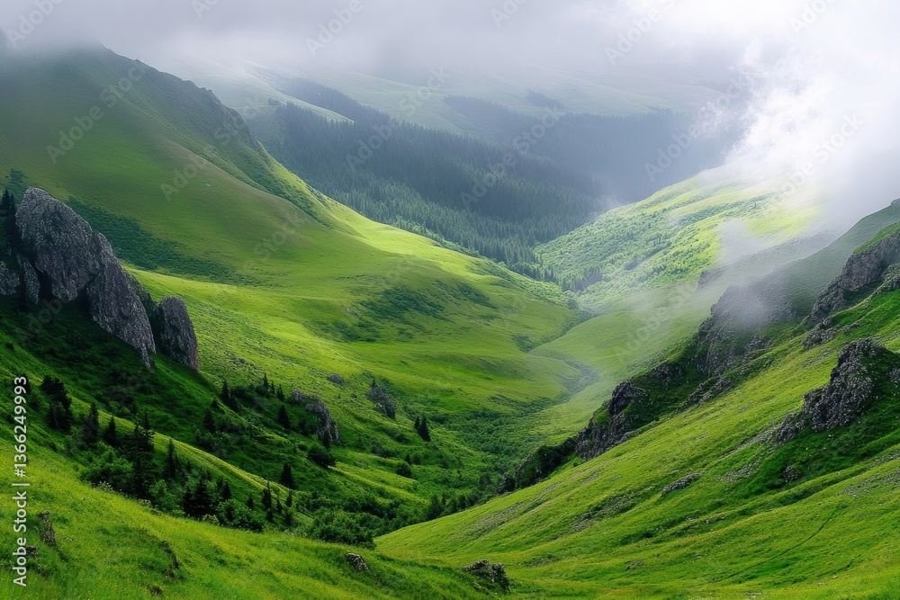 Obraz premium 緑豊かな谷の景観と雲が漂う静かな自然の美しさ