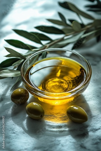 Olive Oil in a Glass Bowl Surrounded by Fresh Olives and Olive Leaves on a Te...
