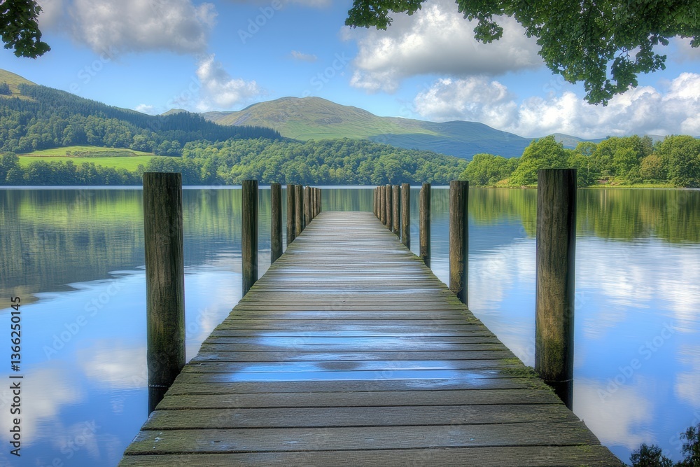 Obraz premium 美しい湖畔の桟橋と山々が映る静かな自然の風景