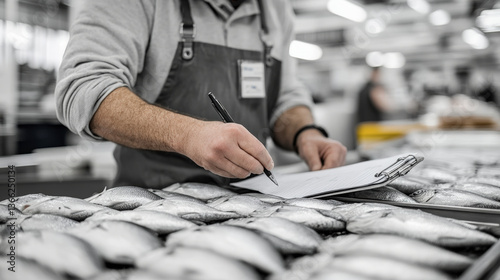 A worker in an apron meticulously inspects and notates details about fresh fish displayed at a seafood market.