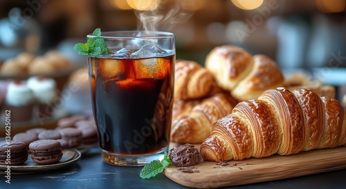 Freshly Baked Croissants With Chilled Drink Served During a Cozy Morning Gath...