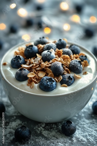Delicious Yogurt Bowl Topped With Blueberries and Granola on a Decorative Sur...